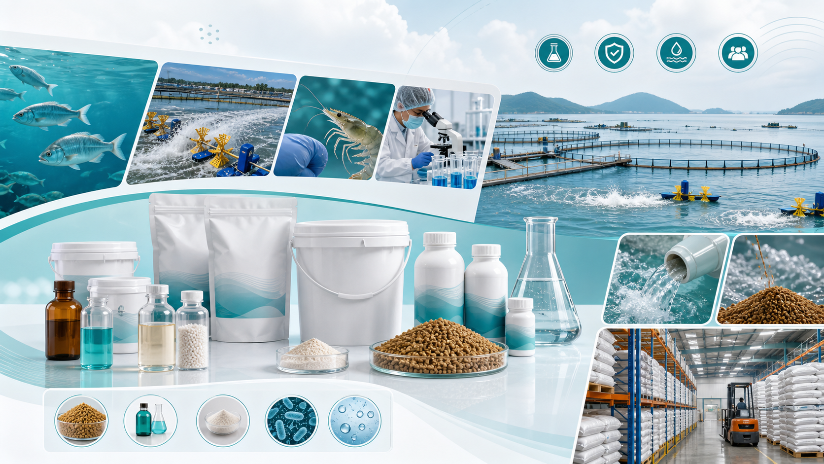 Aquaculture product catalog visual with pond, laboratory and packaging